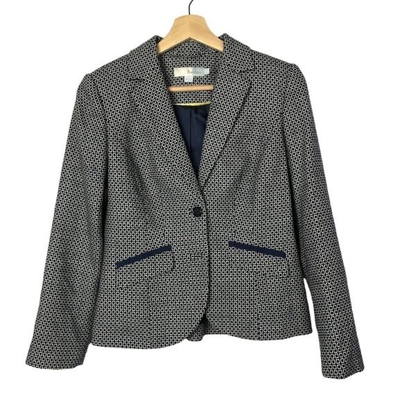 Boden Petite Navy Blue & White Square Printed Two Button Close Blazer Jacket 6P - Picture 1 of 4